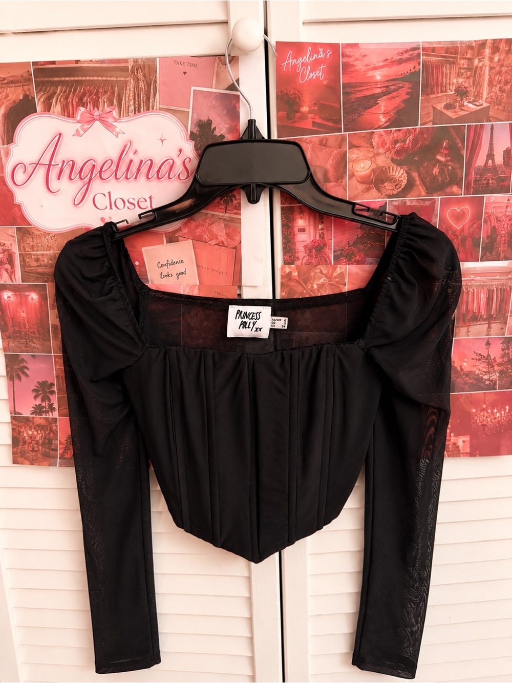 Princess Polly Black Long-Sleeve Corset-Style Crop Top